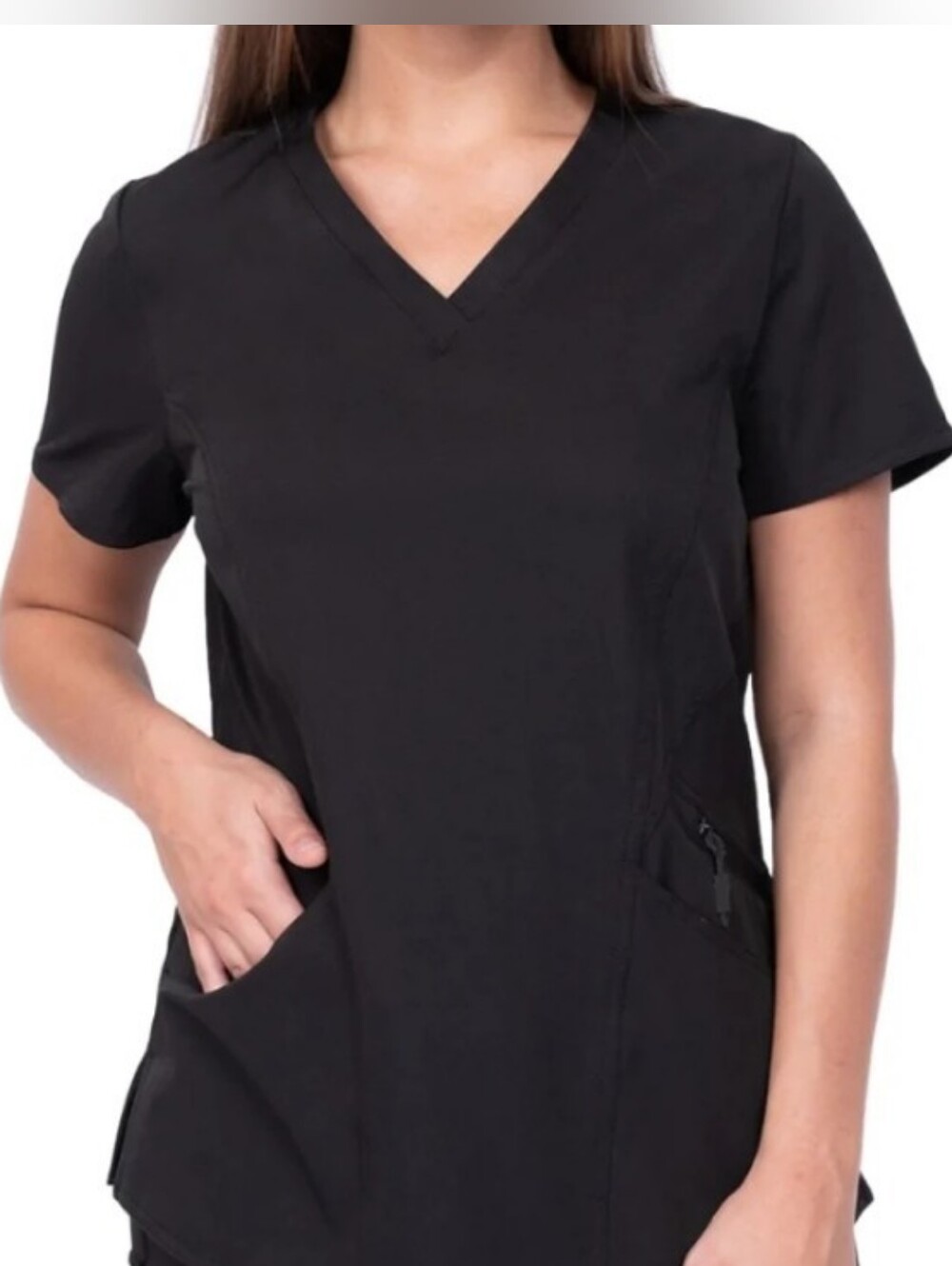Women's Black V-Neck Short Sleeve Scrub Top with Zip Pocket